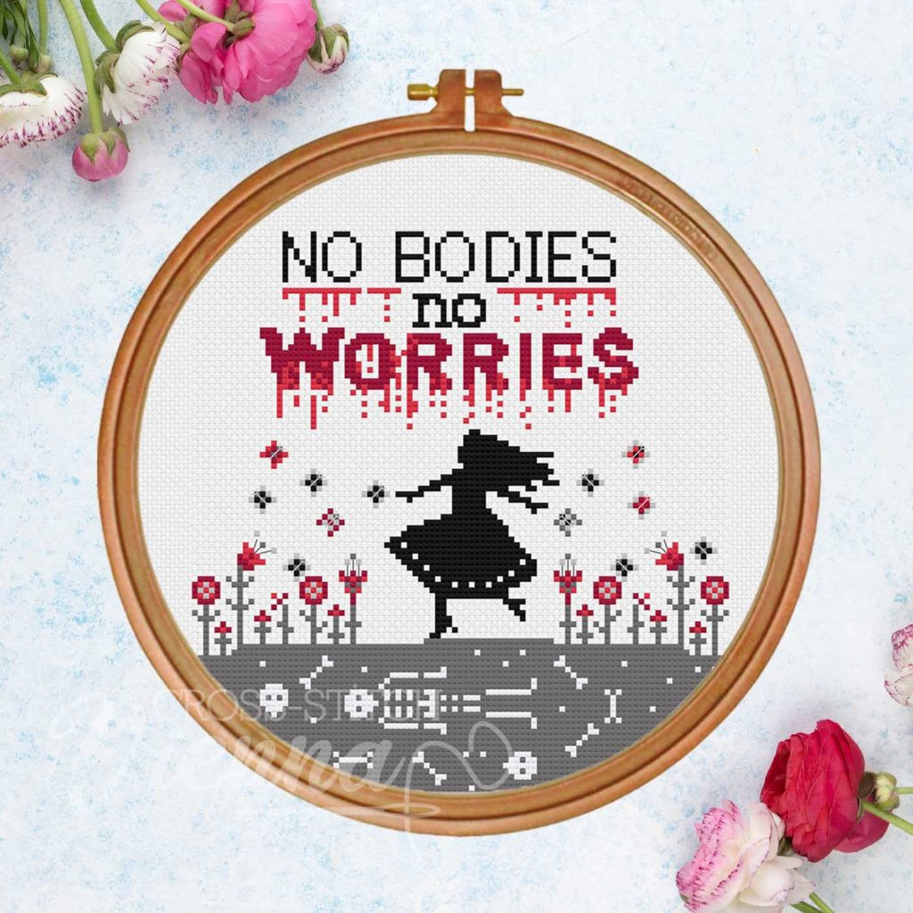 Photo of No Bodies No Worries cross stitch pattern